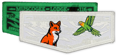 2026 white ghosted fundraiser flap featuring red fox and Carolina parakeet on an American Flag background