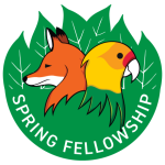 Spring Fellowship logo featuring fox and Carolina parakeet on green leaves